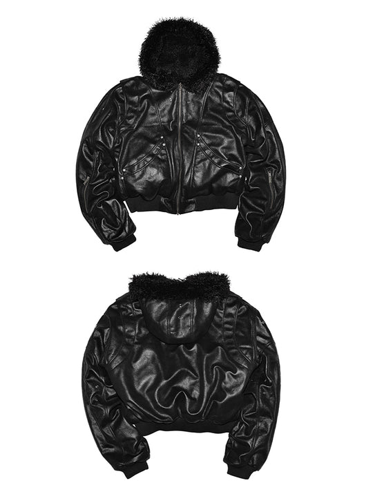 Glossy Faux Fur Collar Bomber Jacket