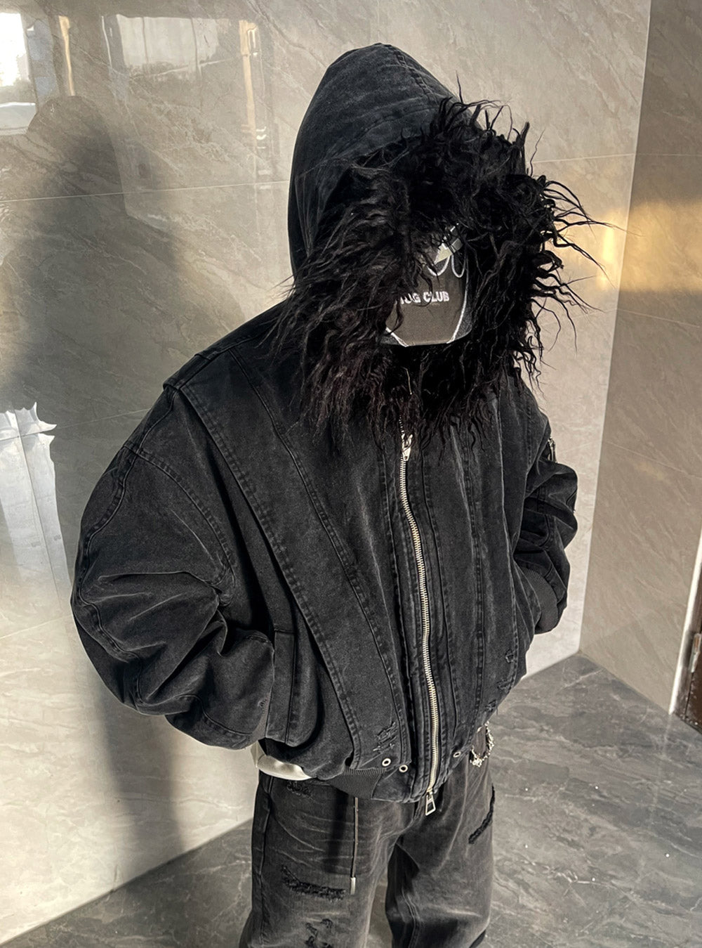 Detachable Faux Fur Collar Jacket (Washed Black)