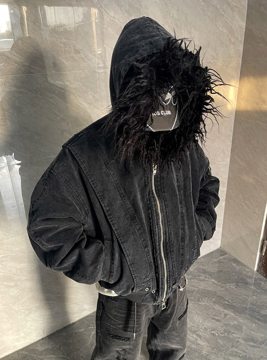 Detachable Faux Fur Collar Jacket (Washed Black)