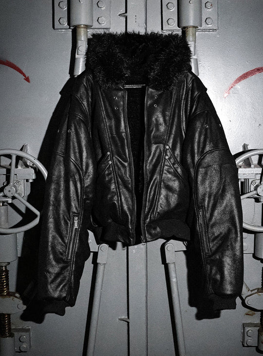 Glossy Faux Fur Collar Bomber Jacket