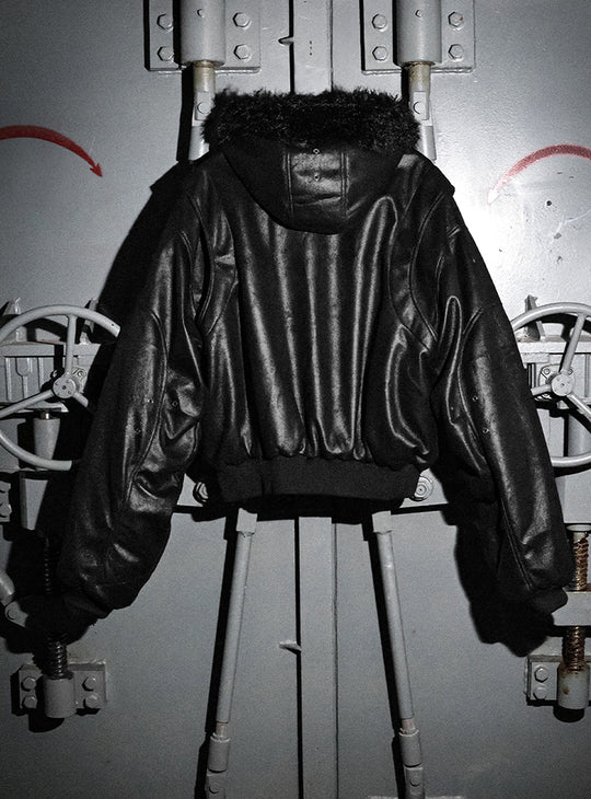 Glossy Faux Fur Collar Bomber Jacket
