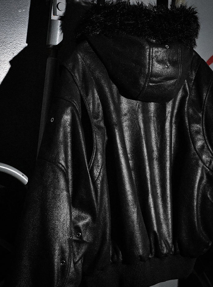 Glossy Faux Fur Collar Bomber Jacket