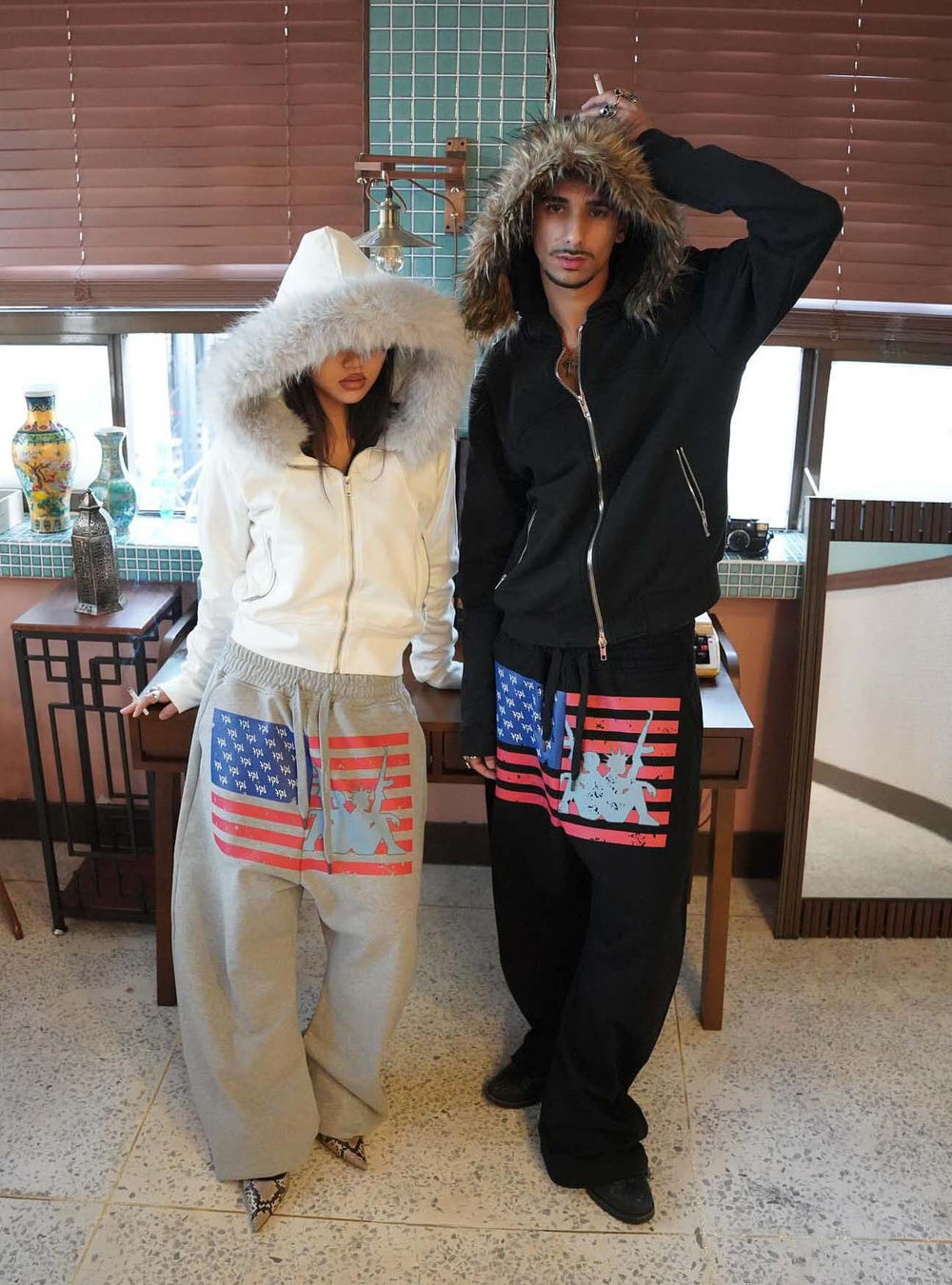 Distressed Flag Printed Jogger Pants (2color)