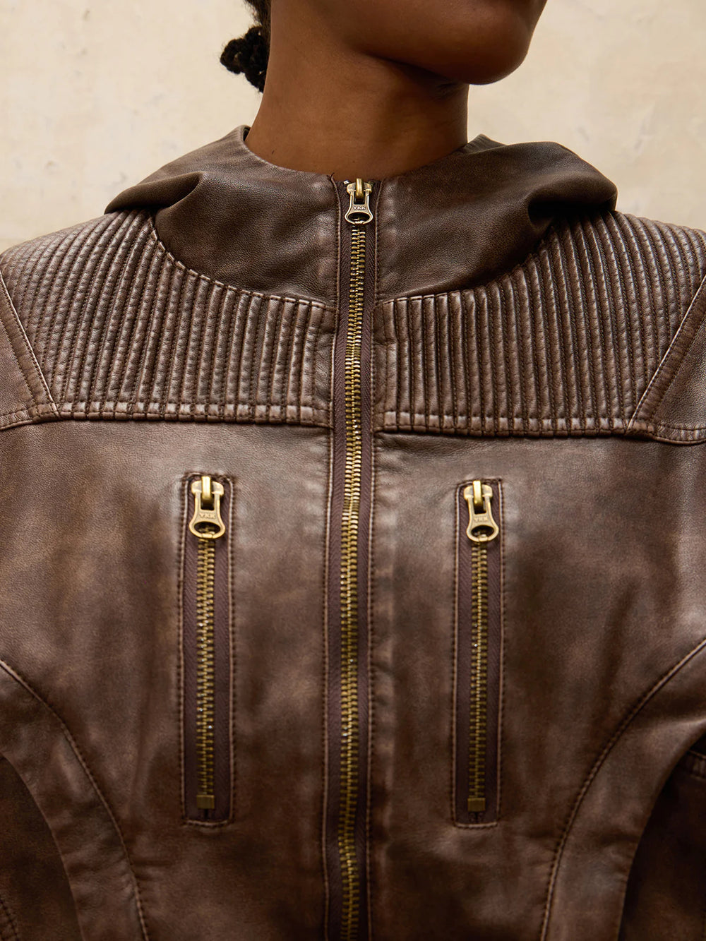 Distressed Qiao Jia Leather Hoodie Jacket