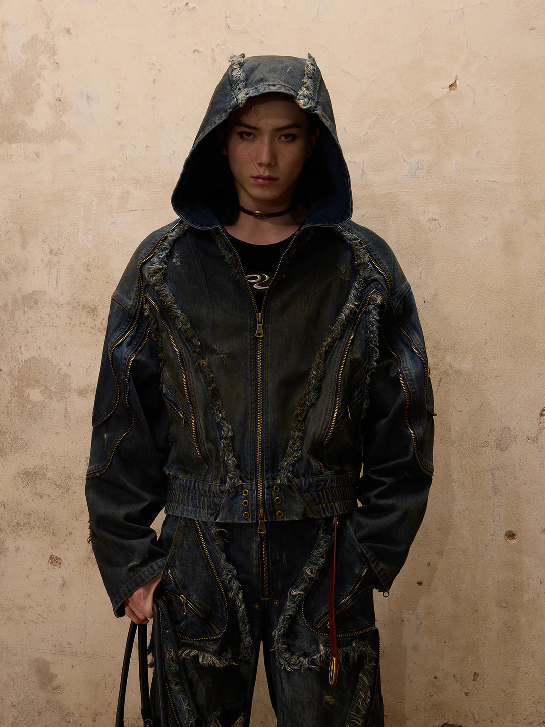 Alien-patterned Stain Hooded Denim Jacket