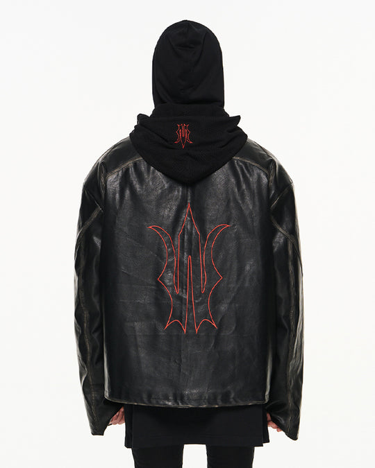 Distressed Patchwork Embroidery Hooded Leather Jacket